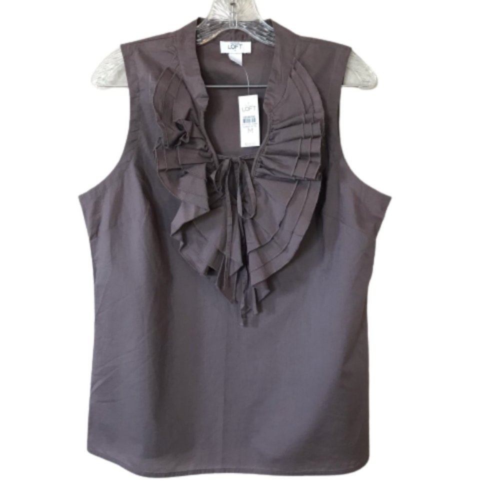 Ann Taylor Loft Brown Sleeveless Top with Ruffled Tied Neckline Size Medium